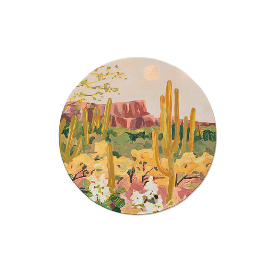 Seedlings Desert Moonlight cork-backed illustrated coaster: round Seedlings coaster with colorful desert cactus landscape