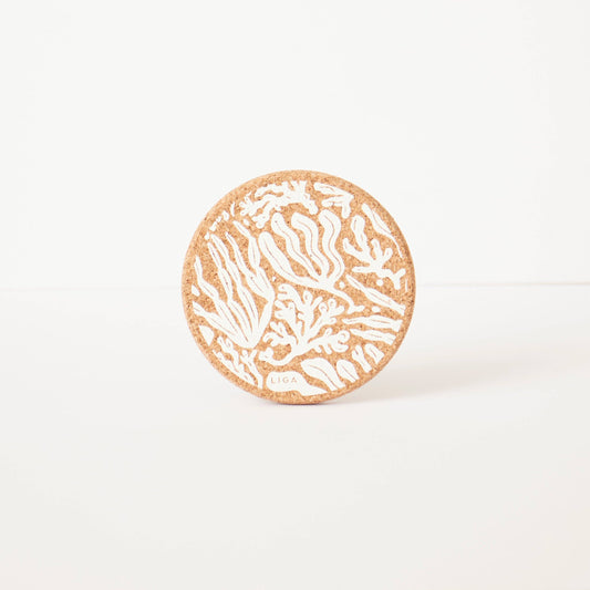 LIGA organic cork seaweed print drink coaster: round LIGA natural cork coaster with white coral pattern