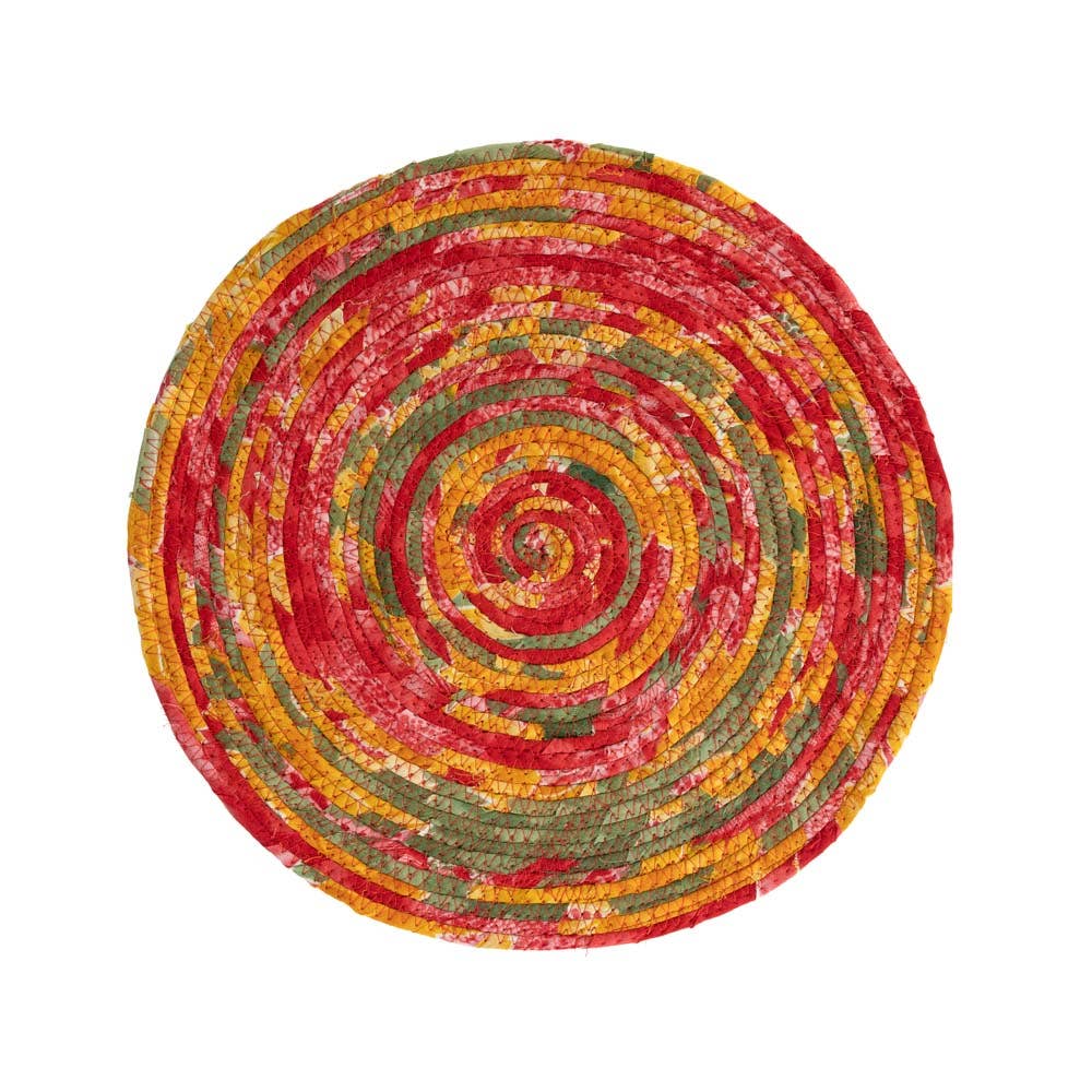 Ten Thousand Villages Recycled Sari Round Placemat: placemat shown against a pale background; recycled sari fabric