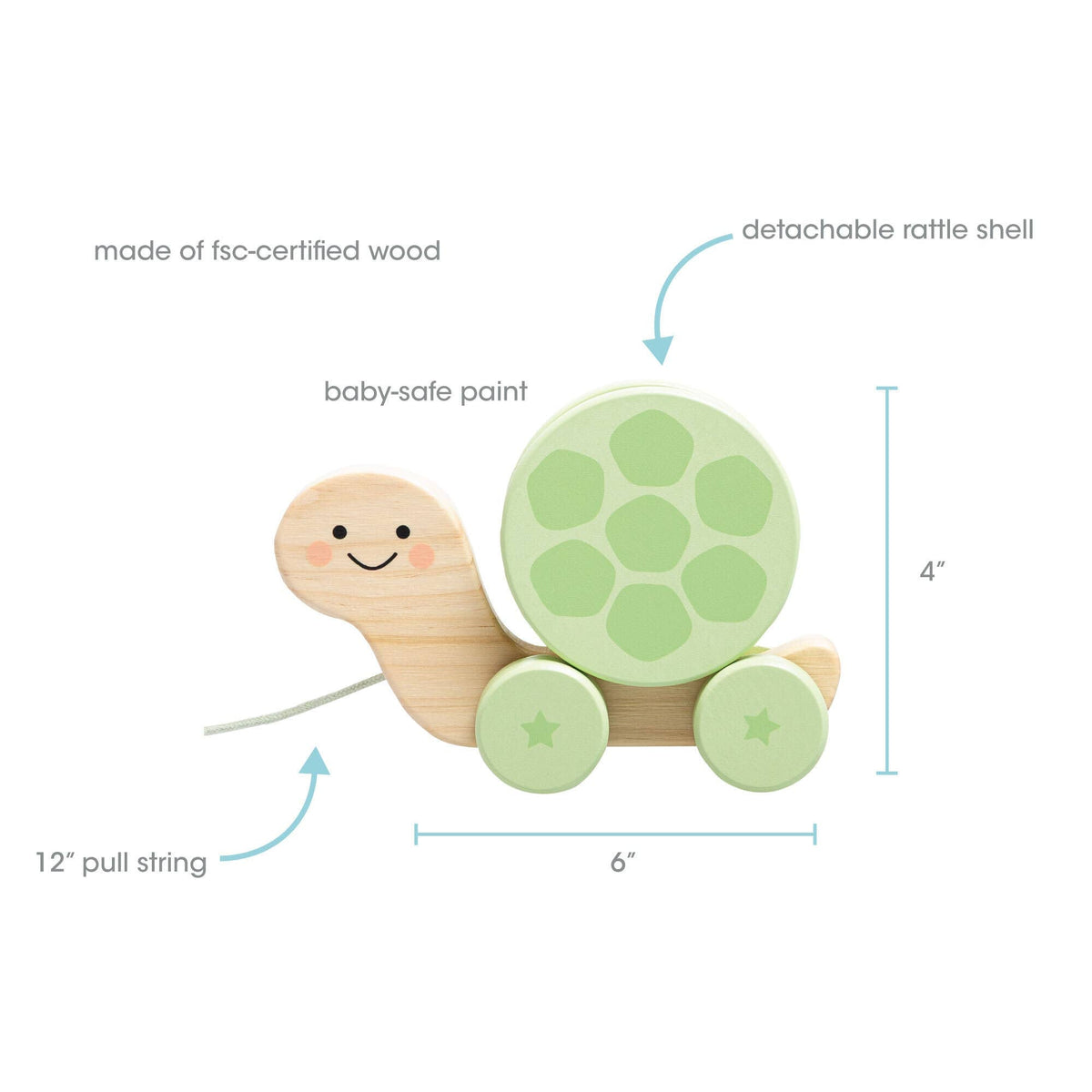 Turtle Wooden Pull Toy, Rattle Shell, Baby or Toddler Toy
