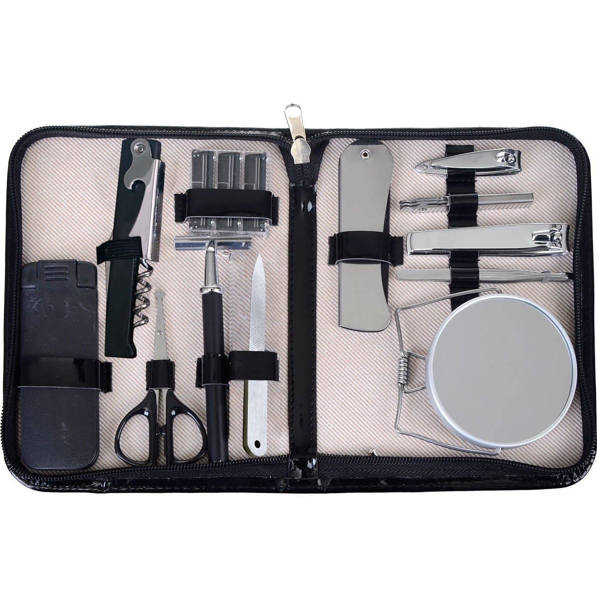 Mad Man compact men's grooming travel kit, opened black zippered organizer holding grooming tools