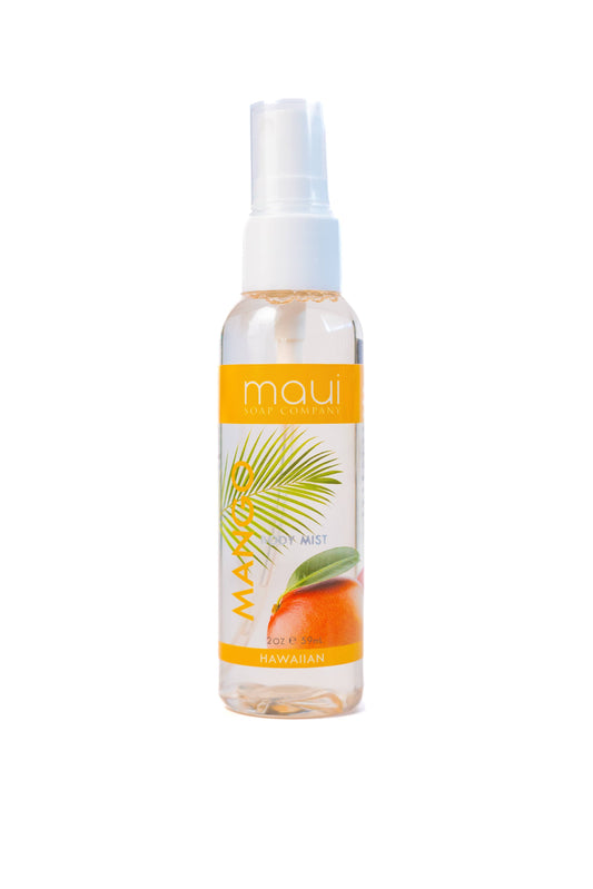 Maui Soap Co. Mango Hawaiian Body Mist - Alcohol-Free & Hydrating: printed spray bottle shown upright