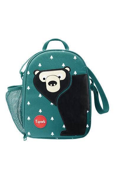 3 Sprouts BPA-free insulated teal bear kids lunch bag: front view of teal lunch bag with black bear face
