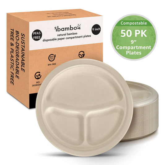 Bamboo Disposable Compartment Plates - 9" - 50 Pack