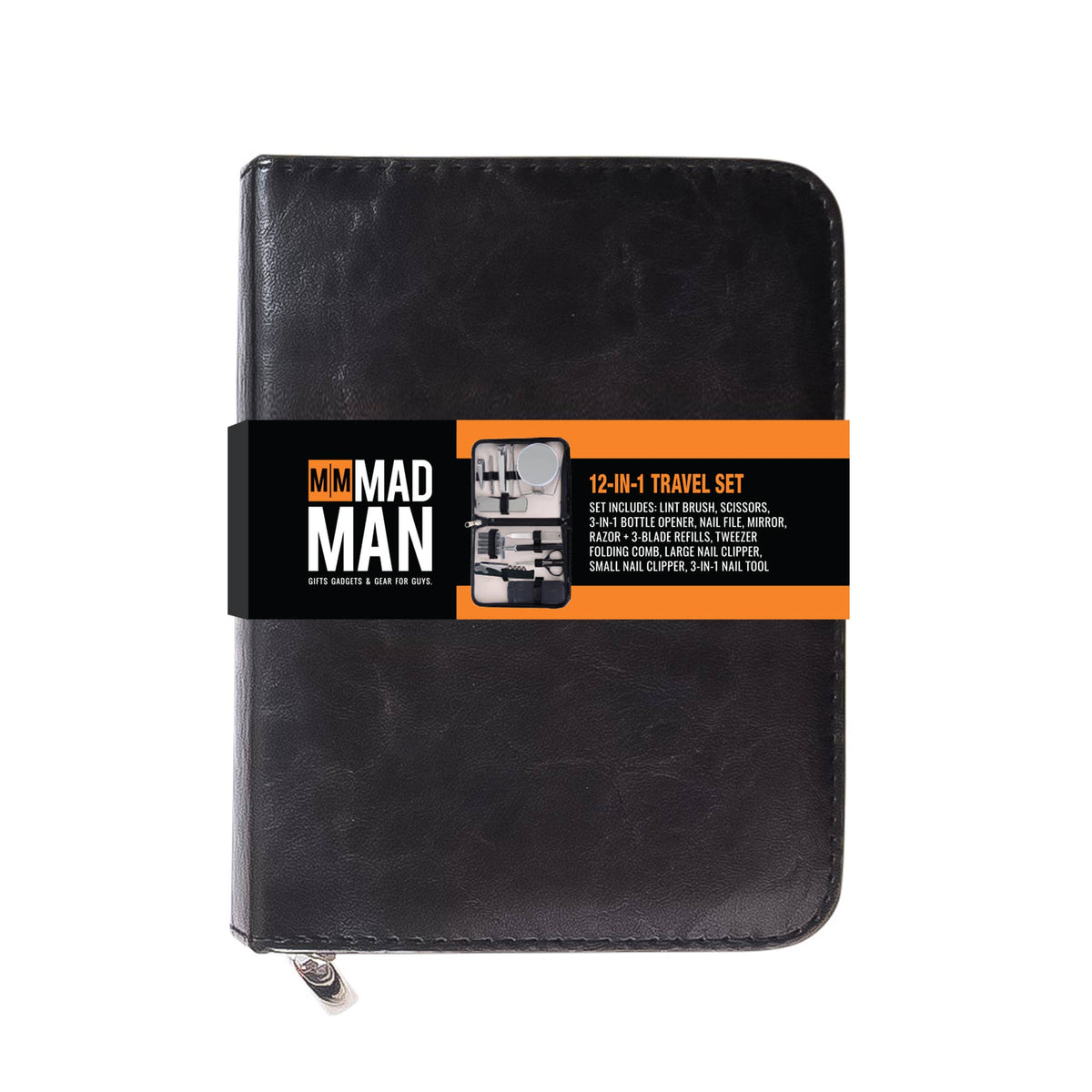 Mad Man compact men's grooming travel kit, closed black Mad Man grooming pouch