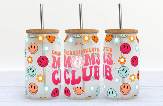 Kate Haven – Overstimulated Moms Club - 16oz Libby Glass Tumbler, assorted styles and colors together; bamboo cup lid