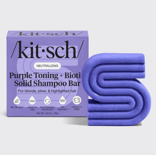 KITSCH – Purple Toning Shampoo Bar for Color Treated & Grey Hair, front product and branded packaging