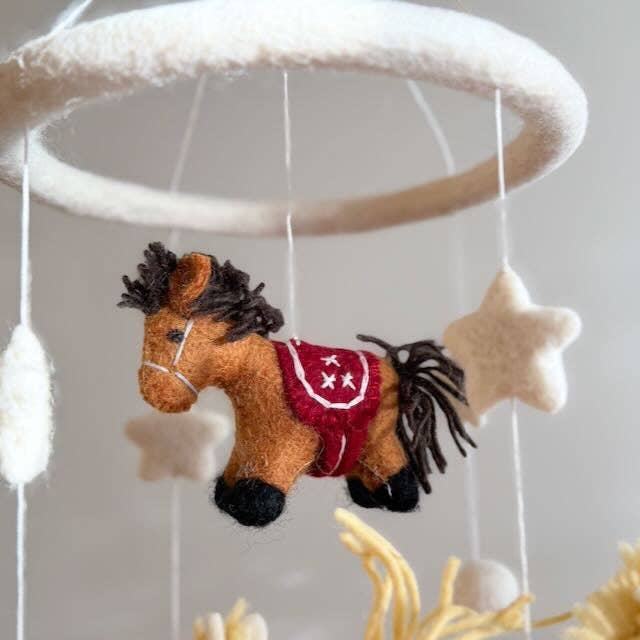 Ganapati Felt Baby Mobile - Cute Pony: handcrafted horse figures and hanging string; handcrafted wool-felt figures