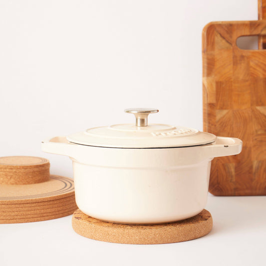 LIGA Natural Cork trivet Small - round natural cork trivet under cream casserole pot; biodegradable
