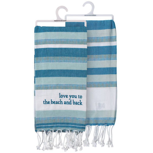 Primitives by Kathy Love You To The Beach And Back Kitchen - blue striped beach kitchen towel folded with fringe and text