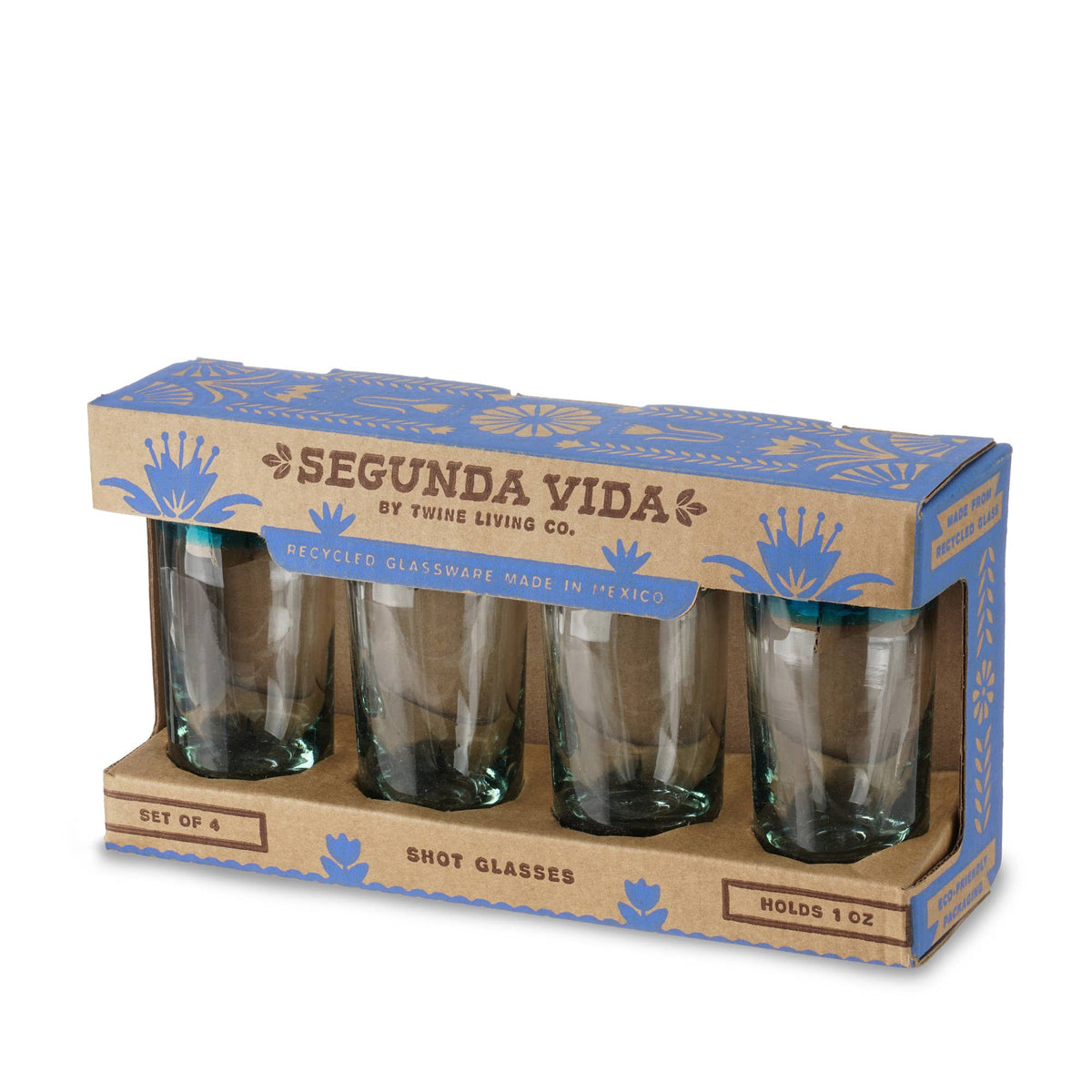 Twine – Primavera Hand Blown Recycled Glass Shot Glasses Set of 4, retail package close-up