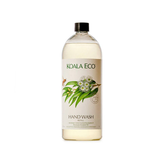 Koala Eco lemon eucalyptus rosemary hand wash refill: clear Koala Eco hand wash refill bottle on white
