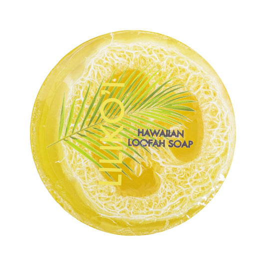 Maui Soap Co. Liliko'i Sea Salt & Kukui Exfoliating Loofah Soap 4.75oz - yellow liliko'i loofah soap top view; vegan