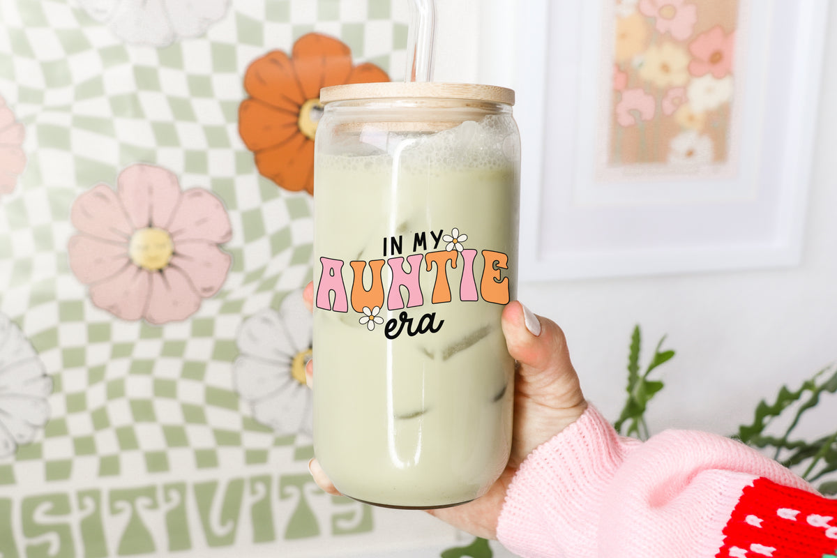 In my Auntie Era 16 oz Glass Cup with Bamboo Lid