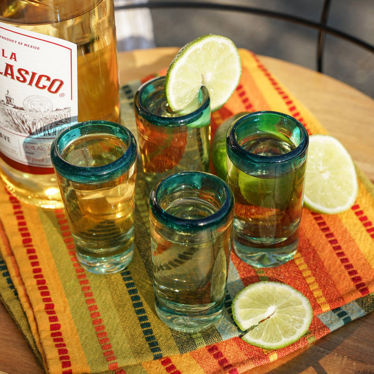 Twine – Primavera Hand Blown Recycled Glass Shot Glasses Set of 4, in a kitchen or table setting