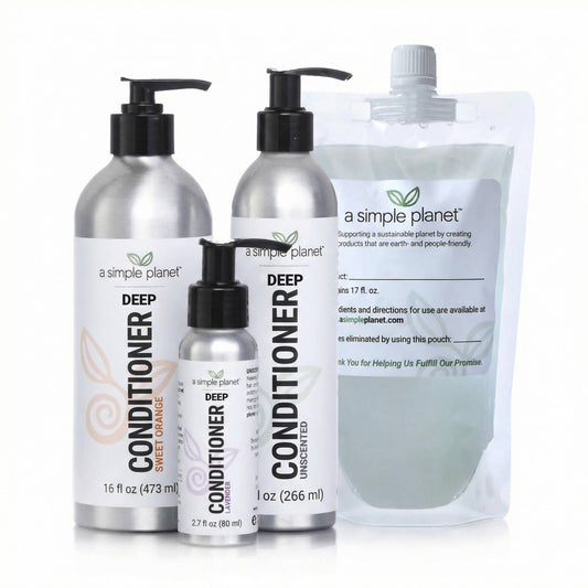 A Simple Planet plant-based deep conditioner and hair masque, pump bottles with refill pouch