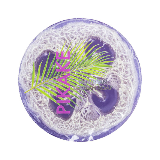 Maui Soap Co. Pikake Sea Salt & Kukui Exfoliating Loofah Soap - purple and white round loofah soap with floral decoration