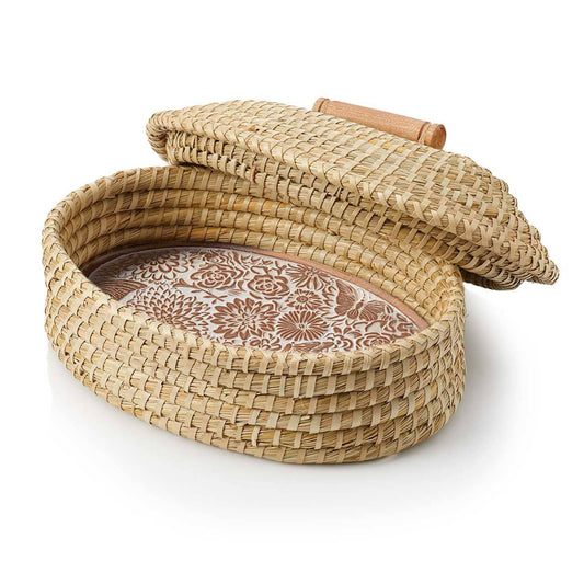 SERRV International fair-trade butterfly ceramic breadwarmer, woven bread basket with ceramic warm stone lid raised
