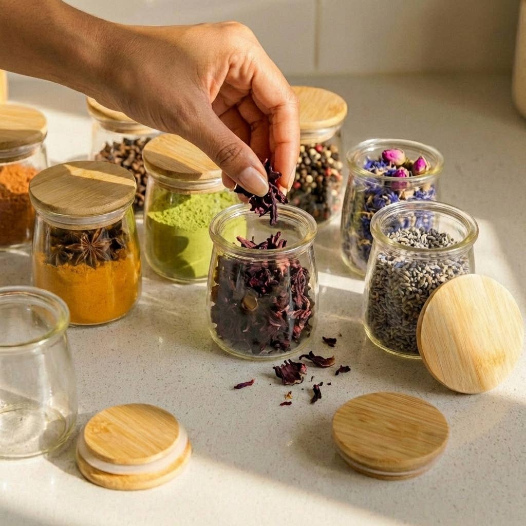 Bamboo Switch Oui Yogurt Jar Bamboo Lid - hand putting bamboo lid on glass jar filled with berries
