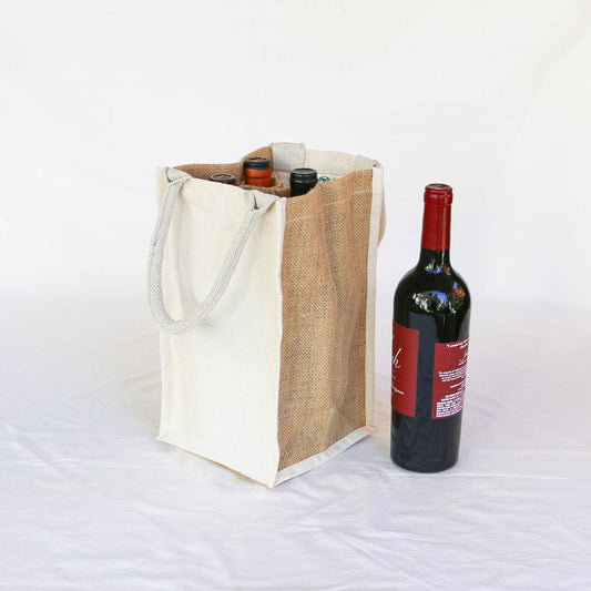 Simple Ecology reusable canvas and jute four-bottle wine tote: cream wine carry bag with one bottle next to it