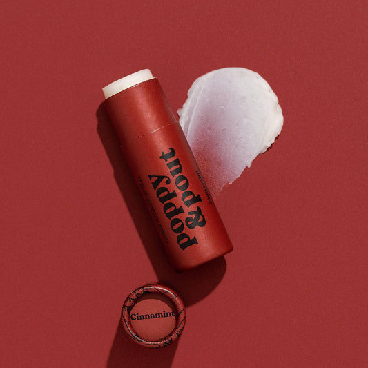 Poppy & Pout – Lip Balm - Cinnamint, front product and branded packaging