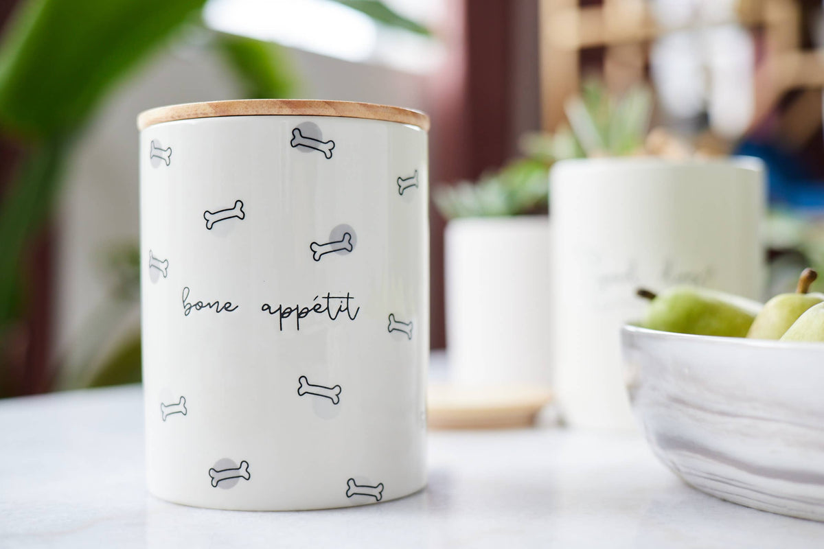 Bone Appétit Ceramic Dog Treat Jar with Wooden Lid