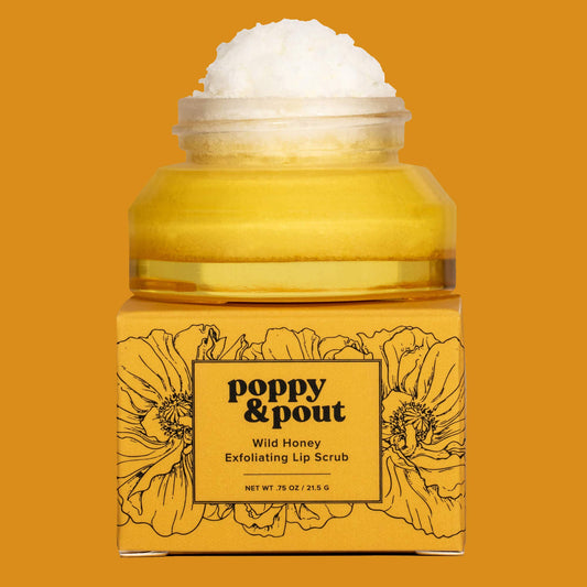 Poppy & Pout – Lip Scrub - Wild Honey, front product and branded packaging