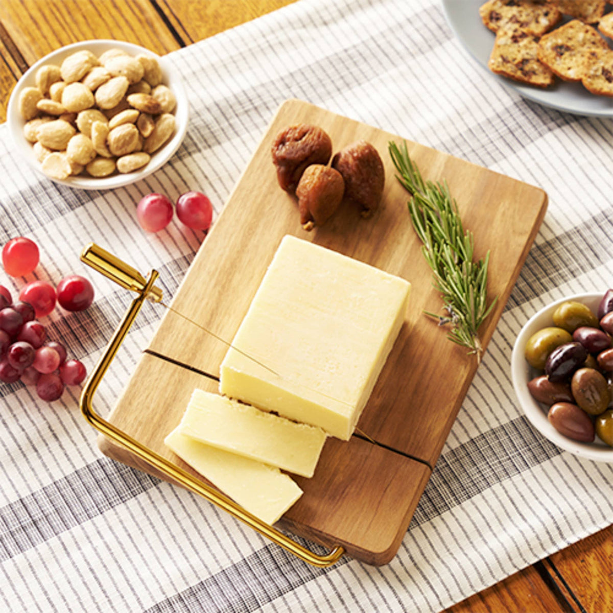 10 inch Acacia Cheese Slicing Board Gold Handled Wire Slicer