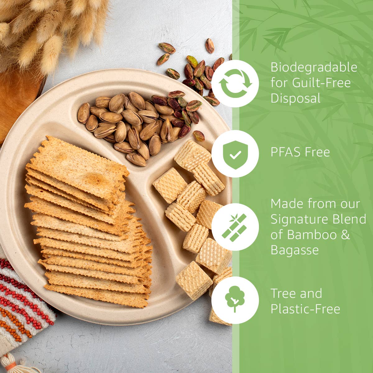 Bamboo Disposable Compartment Plates - 9" - 50 Pack