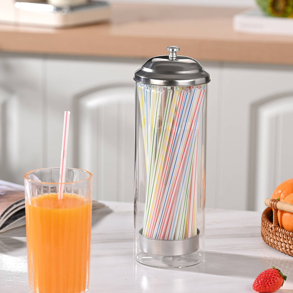 Fox Run Glass Straw Holder with Stainless Steel Lid & Lifter