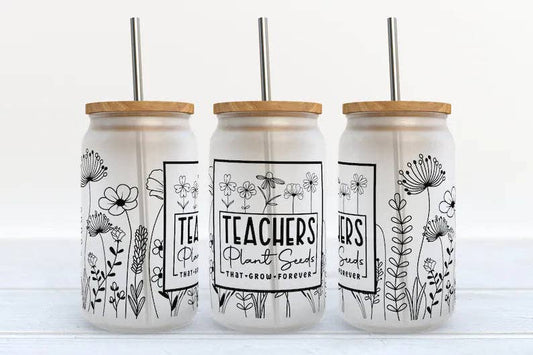 Kate Haven – Teachers Plant Seeds That Grow Forever 16oz Libbey Glass, assorted styles and colors together; bamboo cup lid