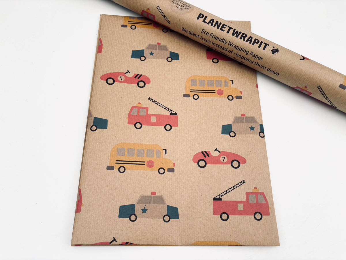 Vehicles Recycled Kraft Wrapping Paper Gift Wrap