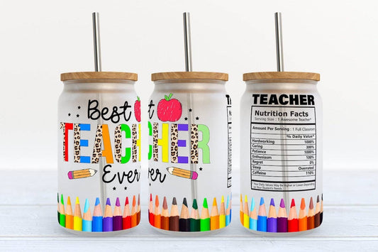 Kate Haven Best Teacher Ever 16-ounce glass tumbler with bamboo lid and plastic straw, classroom gift