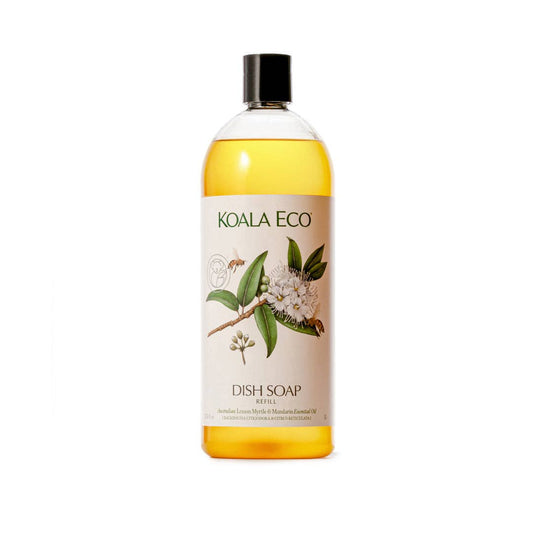 Koala Eco lemon myrtle mandarin refill dish soap, Koala Eco amber dish soap refill bottle on white