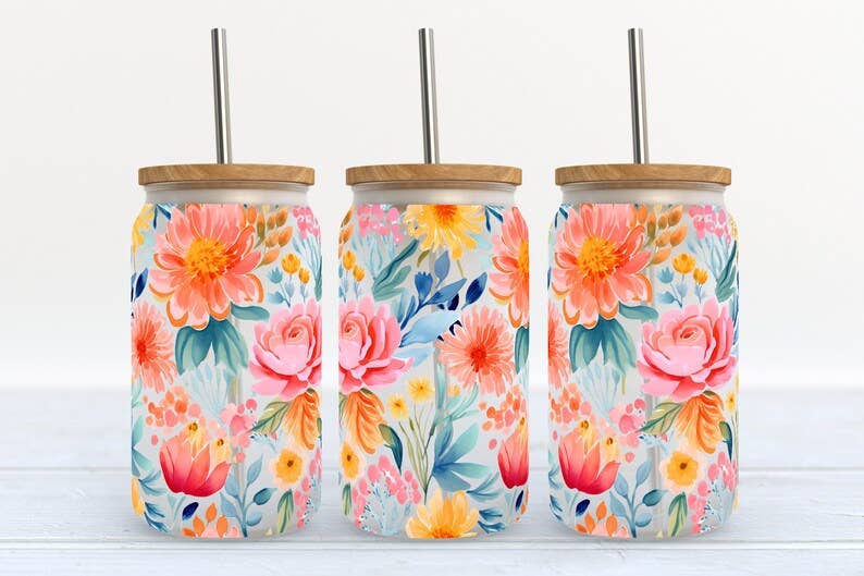 Brightly Colored Flowers 16oz Frosted Libbey Glass Tumbler