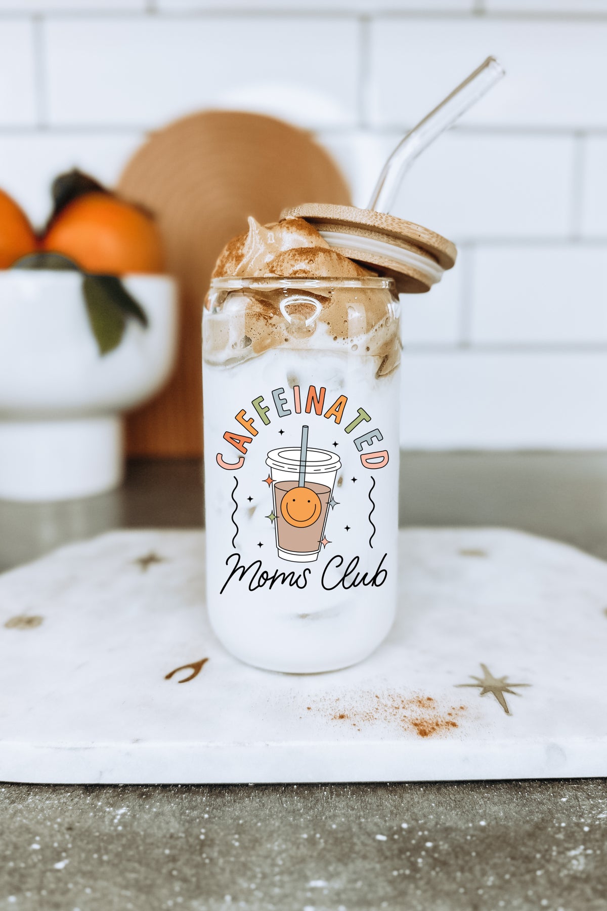 Caffeinated Mom's Club 16 oz Glass Cup with Bamboo Lid
