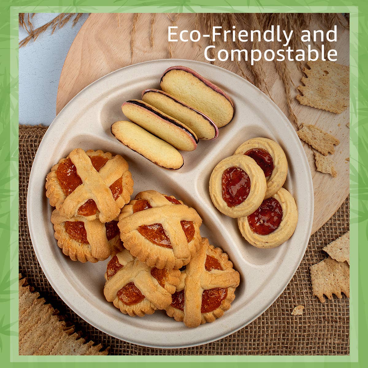 Bamboo Disposable Compartment Plates - 9" - 50 Pack