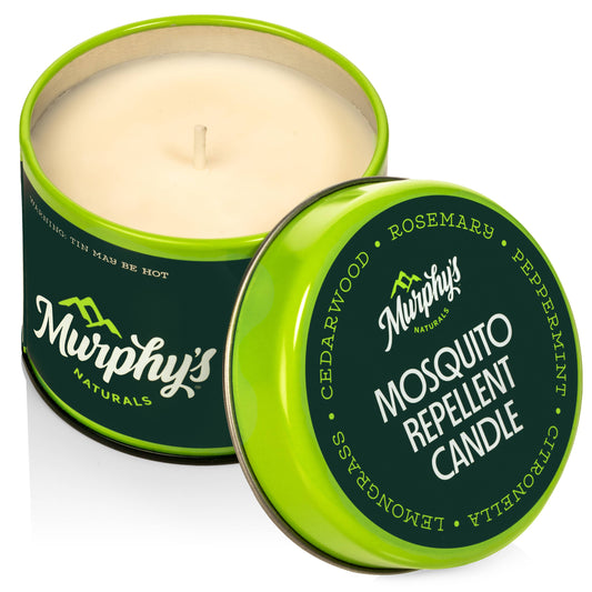 Murphy's Naturals essential-oil mosquito repellent candle — green tin mosquito candle shown open