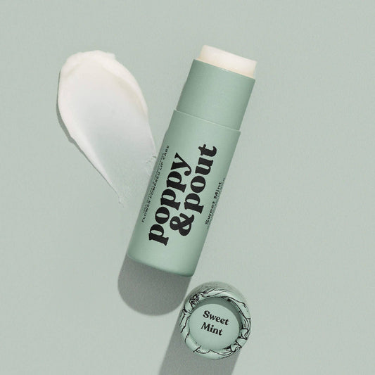 Poppy & Pout – Lip Balm - Sweet Mint, front product and branded packaging