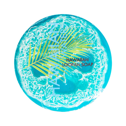 Maui Soap Co. Hawaiian Waters Sea Salt & Kukui Loofah Soap 4.75oz - turquoise Hawaiian Waters loofah soap top view; vegan