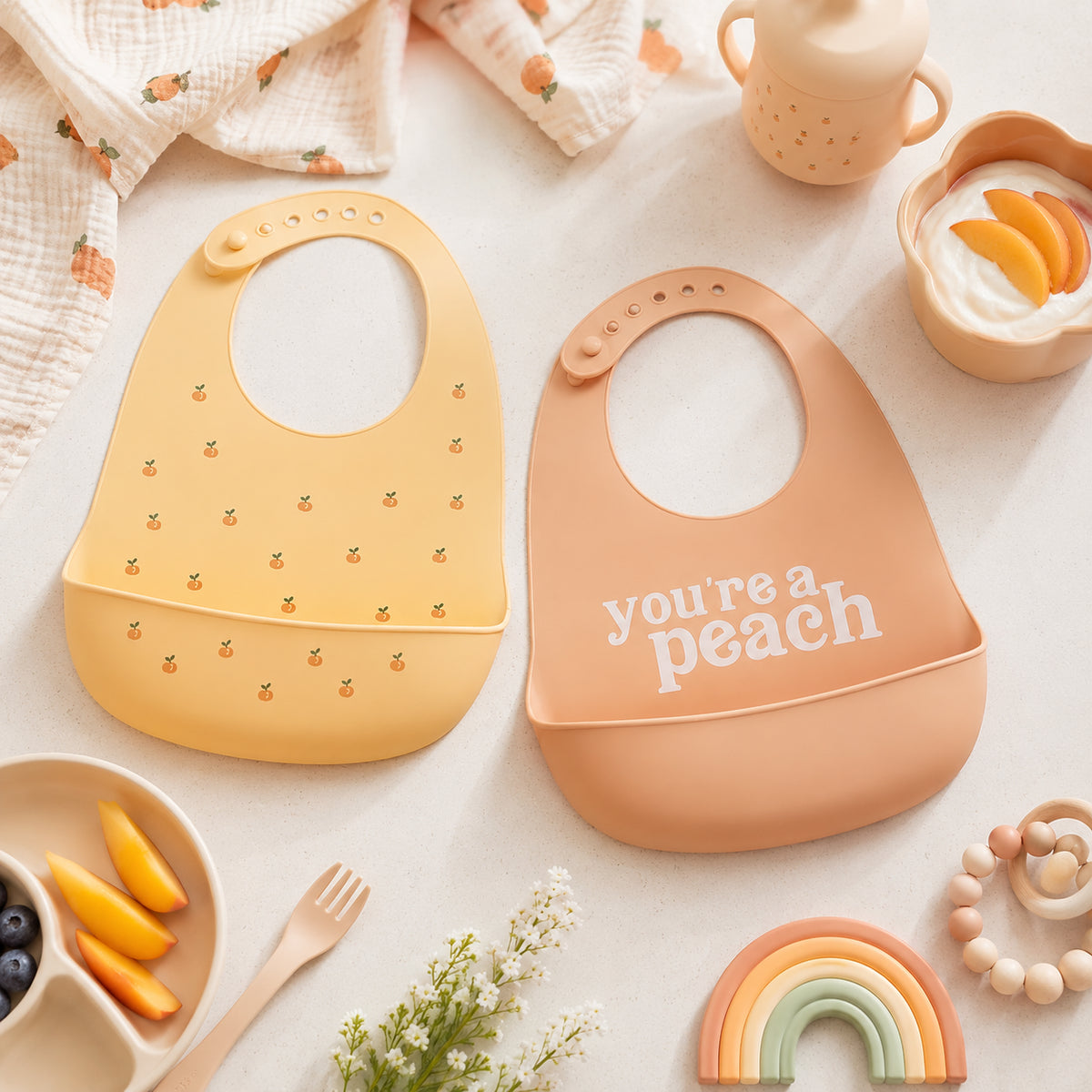 Baby Bib Set, You’re a Peach, Silicone, Set of 2
