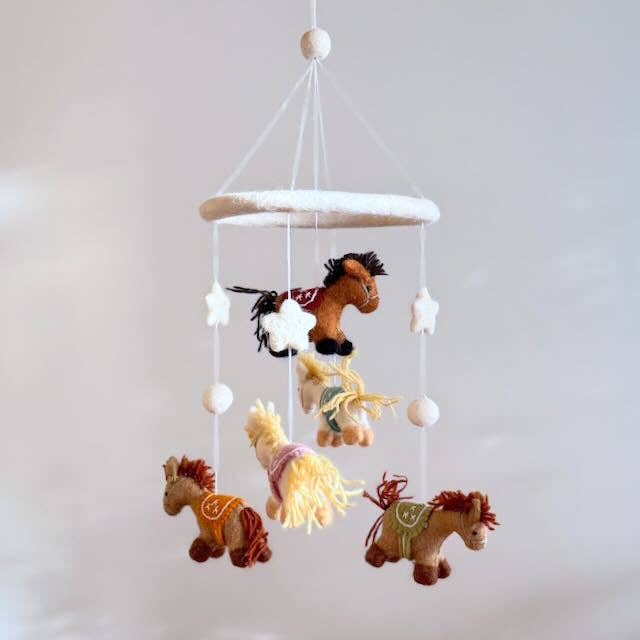 Ganapati Felt Baby Mobile - Cute Pony: hanging pony figures with rounded shapes; handcrafted wool-felt figures