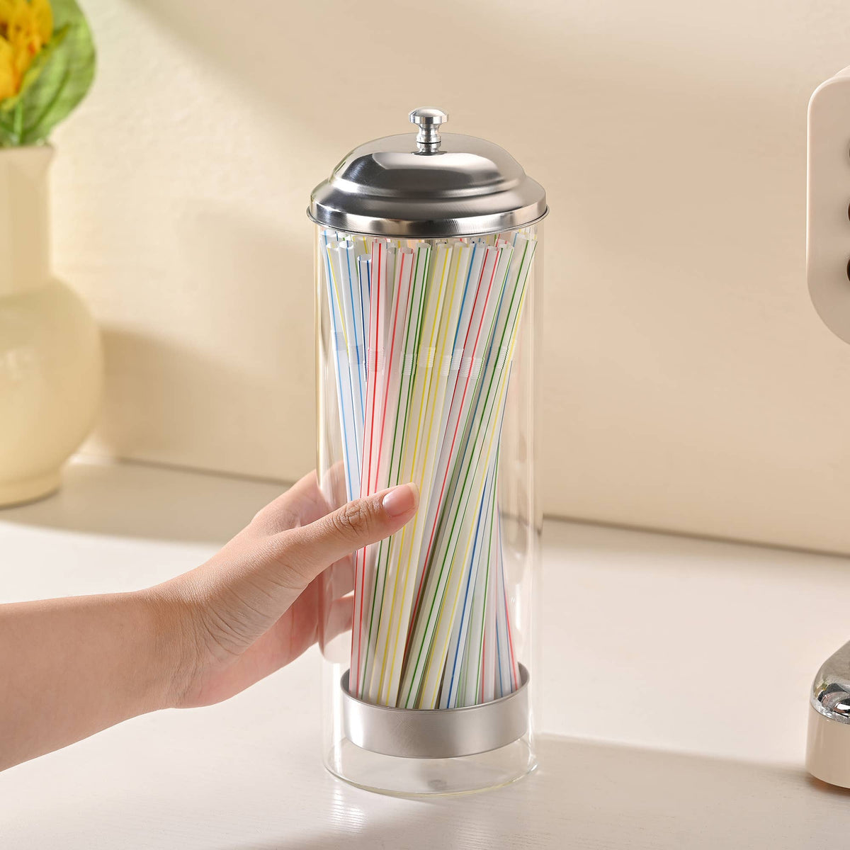 Fox Run Glass Straw Holder with Stainless Steel Lid & Lifter