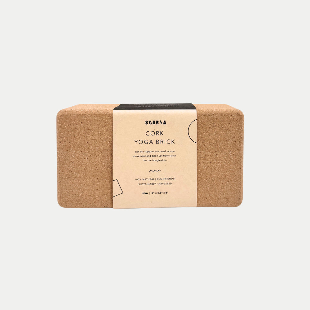 Scoria ® – Slim Cork Yoga Block, front product and branded packaging; plastic-free construction