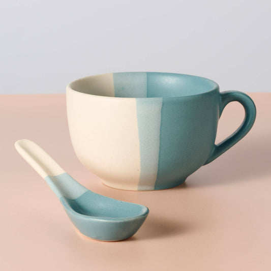 Ten Thousand Villages handcrafted blue-and-cream Pheeka ceramic 20-ounce jumbo mug with spoon