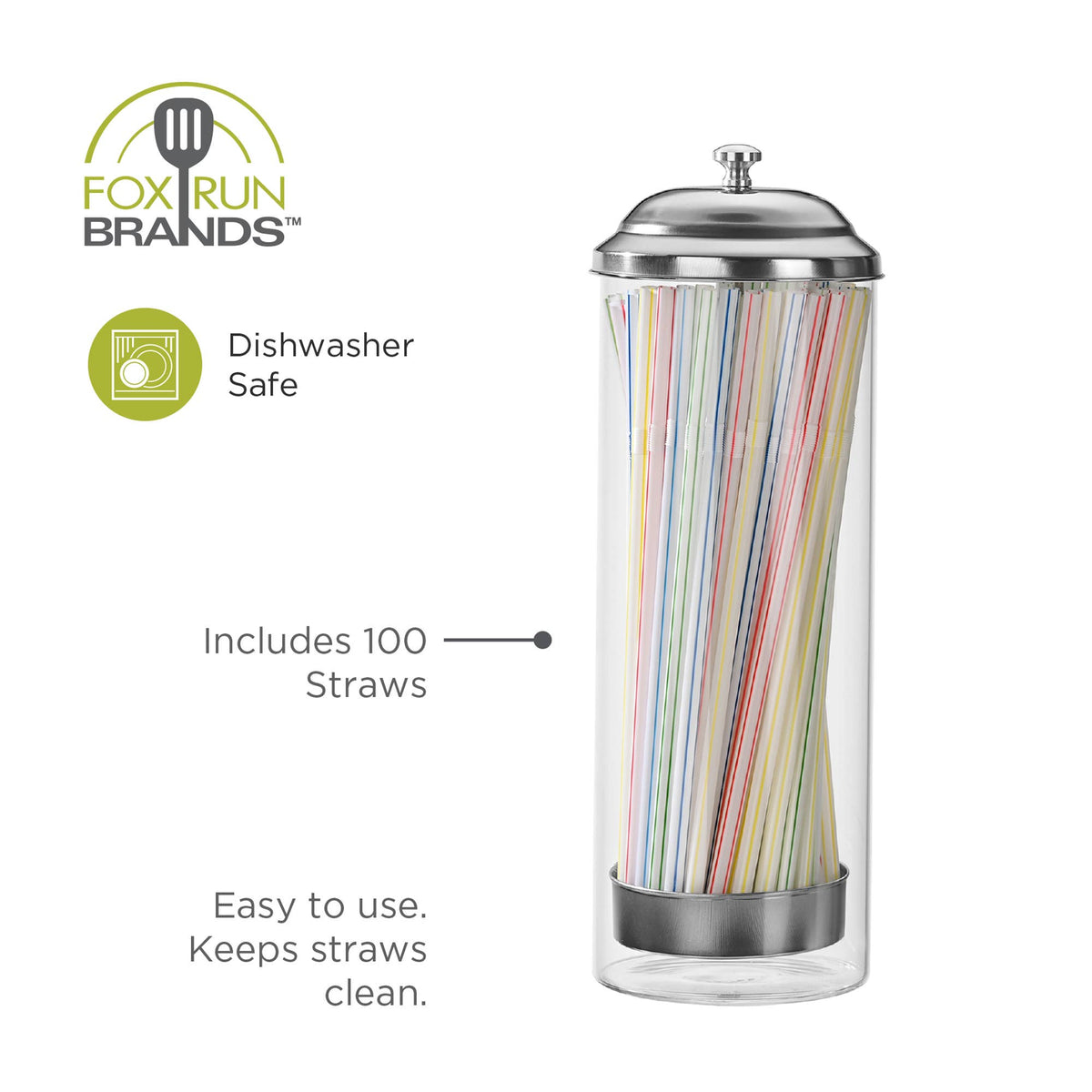 Fox Run Glass Straw Holder with Stainless Steel Lid & Lifter