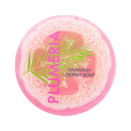 Maui Soap Co. Plumeria Sea Salt & Kukui Exfoliating Loofah Soap 4.75oz - pink plumeria loofah soap shown from above; vegan