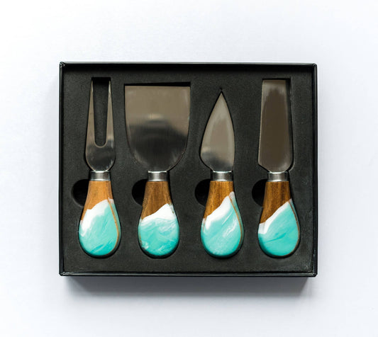 Lynn & Liana Designs Resin Coated Cheese Knife Set - Set of 4 - four cheese knives with turquoise handles in gift box
