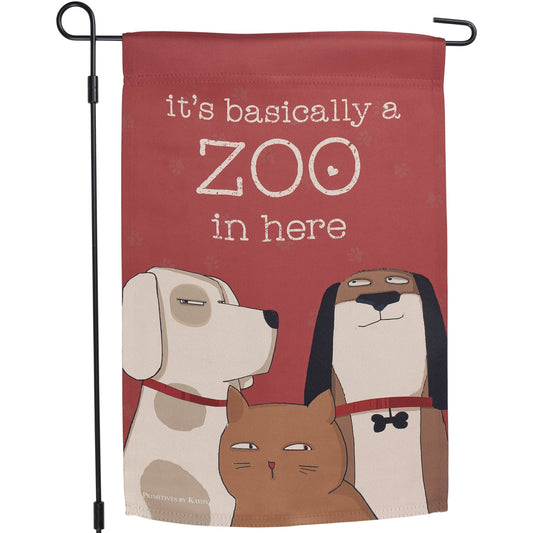 Primitives by Kathy It's Basically A Zoo In Here Garden Flag - burgundy zoo-themed pet garden flag on black stand