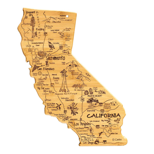 Totally Bamboo Destination California Cutting Board with Engraved Artwork: cutting board photographed against white